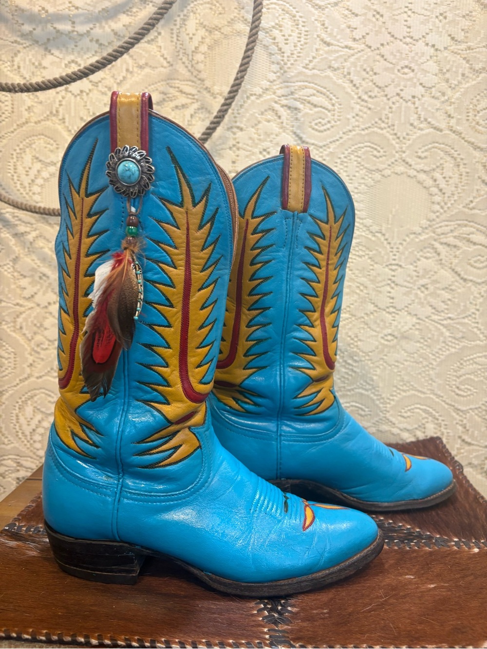 Hand Painted TonyLama Turquoise and Yellow Western Feathered Cowboy Boots size 8 - Picture 7 of 16